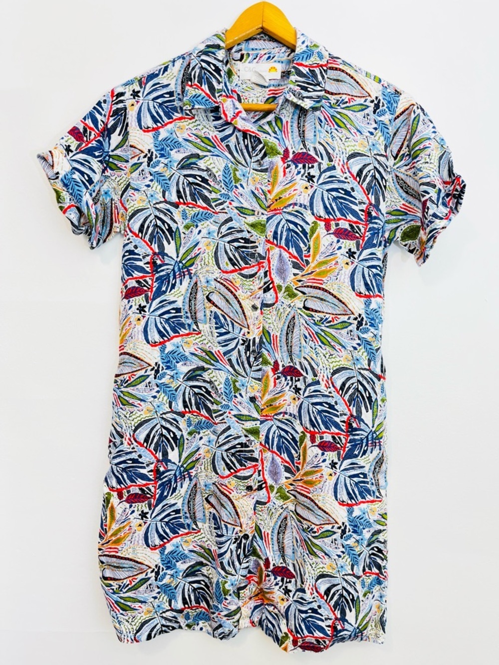 C&C California Linen Mini Shirt Dress Tropical Bold Button EUC Coastal Summer XS